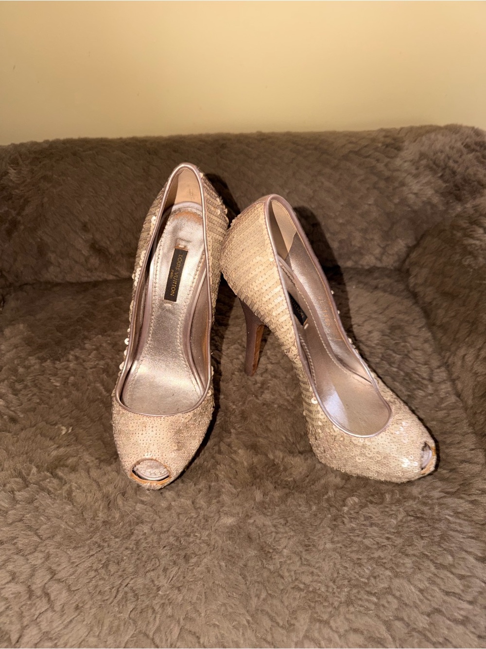 Louis Vuitton Champagne Sequin Peep-Toe Pumps